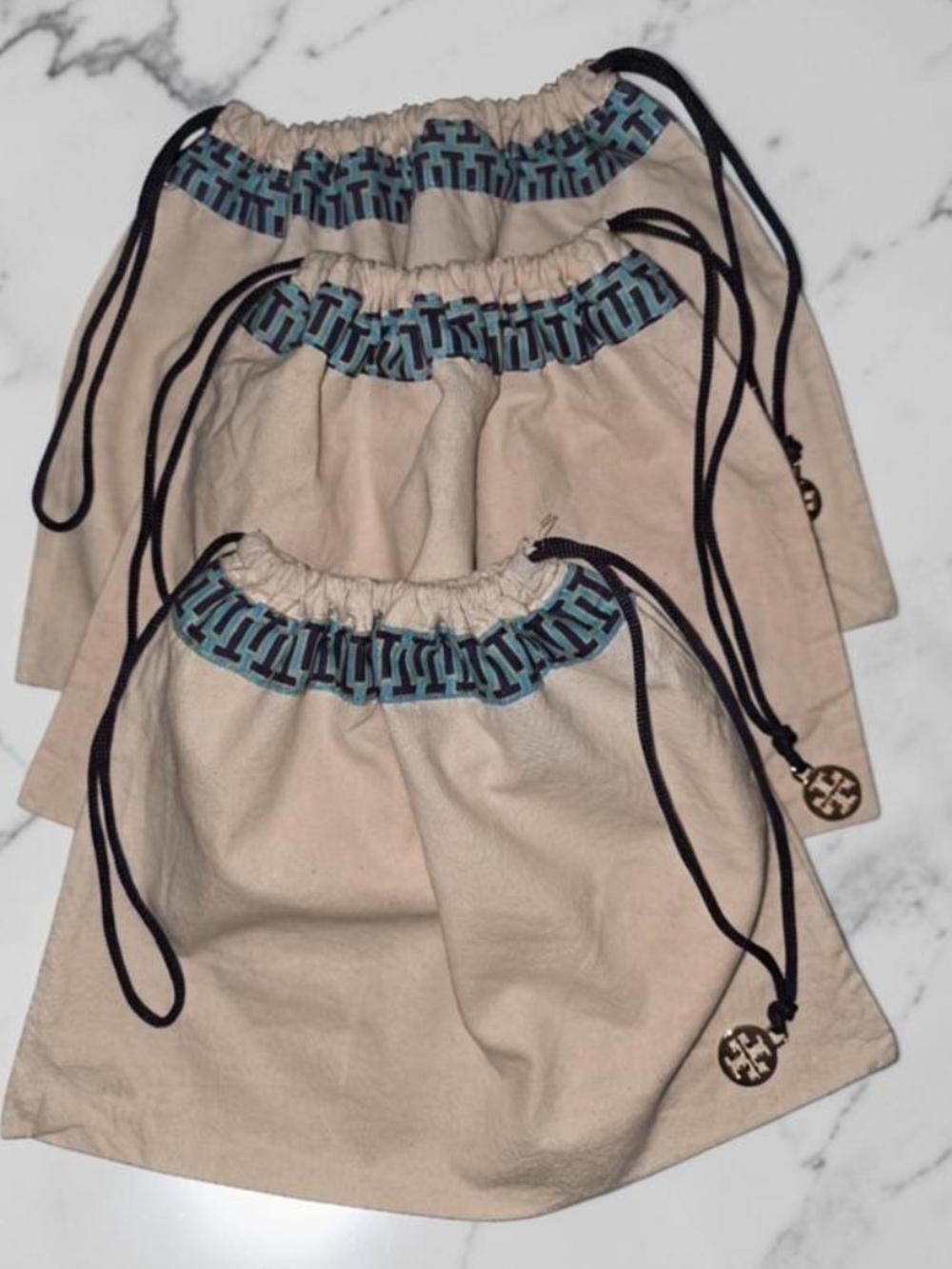 Tory Burch Beige Drawstring Dust Bag with Blue Trim- 3 Piece Set